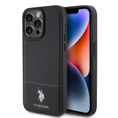 Apple iPhone 15 Pro Max Kılıf U.S. Polo Assn. Orjinal Lisanslı Suni Deri Arka Yüzey Baskı Logolu Örgü Desenli Kapak Siyah