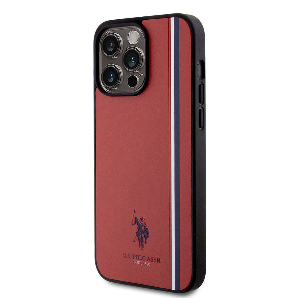 Apple iPhone 15 Pro Max Kılıf U.S. Polo Assn. Orjinal Lisanslı Üç Renk Şerit Tasarımlı Baskı Logolu Kapak Kırmızı