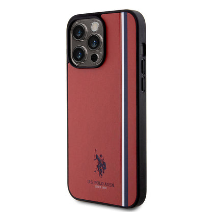 Apple iPhone 15 Pro Max Kılıf U.S. Polo Assn. Orjinal Lisanslı Üç Renk Şerit Tasarımlı Baskı Logolu Kapak Kırmızı