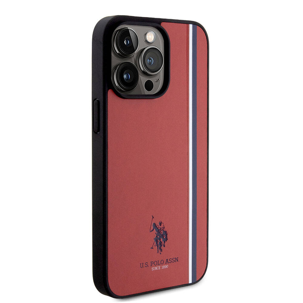 Apple iPhone 15 Pro Max Kılıf U.S. Polo Assn. Orjinal Lisanslı Üç Renk Şerit Tasarımlı Baskı Logolu Kapak Kırmızı