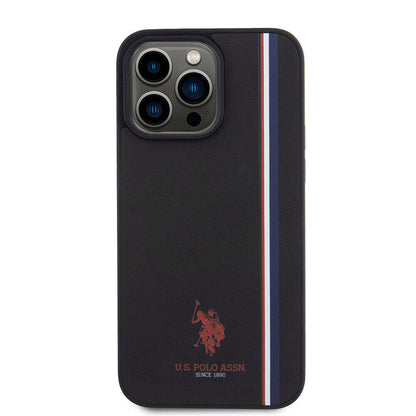 Apple iPhone 15 Pro Max Kılıf U.S. Polo Assn. Orjinal Lisanslı Üç Renk Şerit Tasarımlı Baskı Logolu Kapak Lacivert