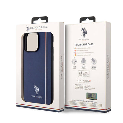 Apple iPhone 15 Pro Max Kılıf U.S. Polo Assn. Orjinal Lisanslı Üç Renk Şerit Tasarımlı Baskı Logolu Kapak Lacivert