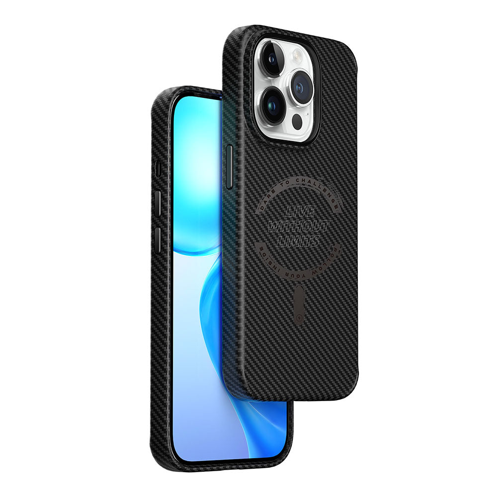 Apple iPhone 15 Pro Max Kılıf Wiwu LCC-107 Karbon Fiber M-safe Şarj Özellikli Kamera Korumalı Kabon Kapak Siyah