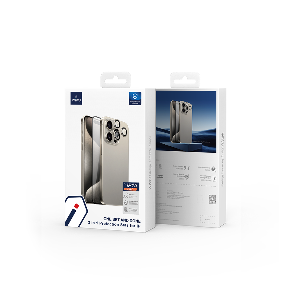 Apple iPhone 15 Pro Max Wiwu Wi-IP002 2in1 Temperli Cam Ahize Toz Önleyici Ekran Koruyucu ve Kamera Lens Koruyucu Set Siyah