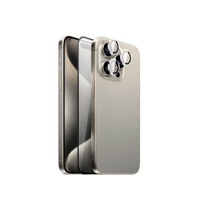 Apple iPhone 15 Pro Max Wiwu Wi-IP002 2in1 Temperli Cam Ahize Toz Önleyici Ekran Koruyucu ve Kamera Lens Koruyucu Set Siyah