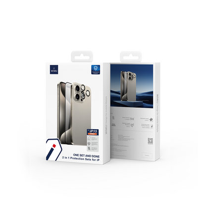 Apple iPhone 15 Pro Wiwu Wi-IP002 2in1 Temperli Cam Ahize Toz Önleyici Ekran Koruyucu ve Kamera Lens Koruyucu Set Siyah