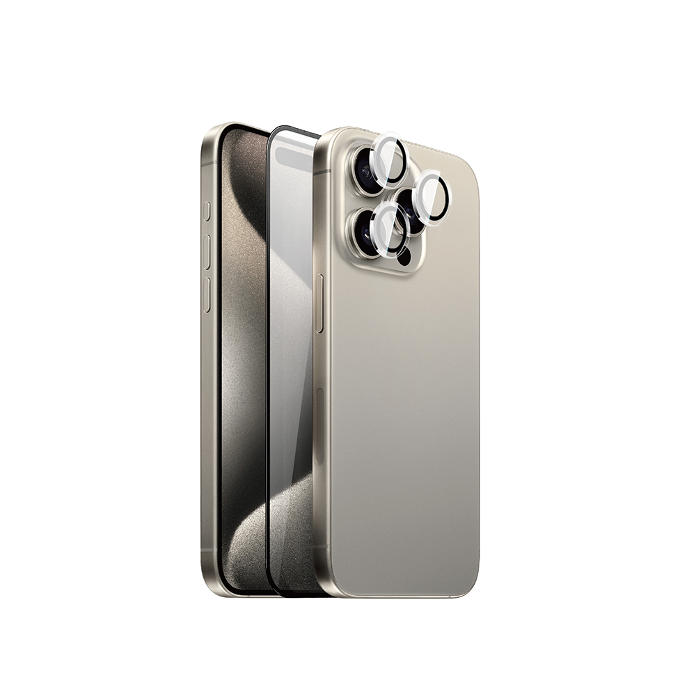 Apple iPhone 15 Pro Wiwu Wi-IP002 2in1 Temperli Cam Ahize Toz Önleyici Ekran Koruyucu ve Kamera Lens Koruyucu Set Siyah