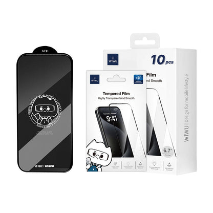 Apple iPhone 15 Wiwu GT-008 Polimer Oleofobik Kaplama Şeffaf Pürüzsüz Temperli Cam Ekran Koruyucu 10'lu Paket Siyah