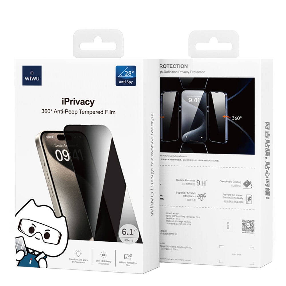 Apple iPhone 15 Wiwu GT-011 Anti-Bakteriyel Özellikli Polimer Oleofobik Kaplama Temperli Privacy Cam Ekran Koruyucu Siyah