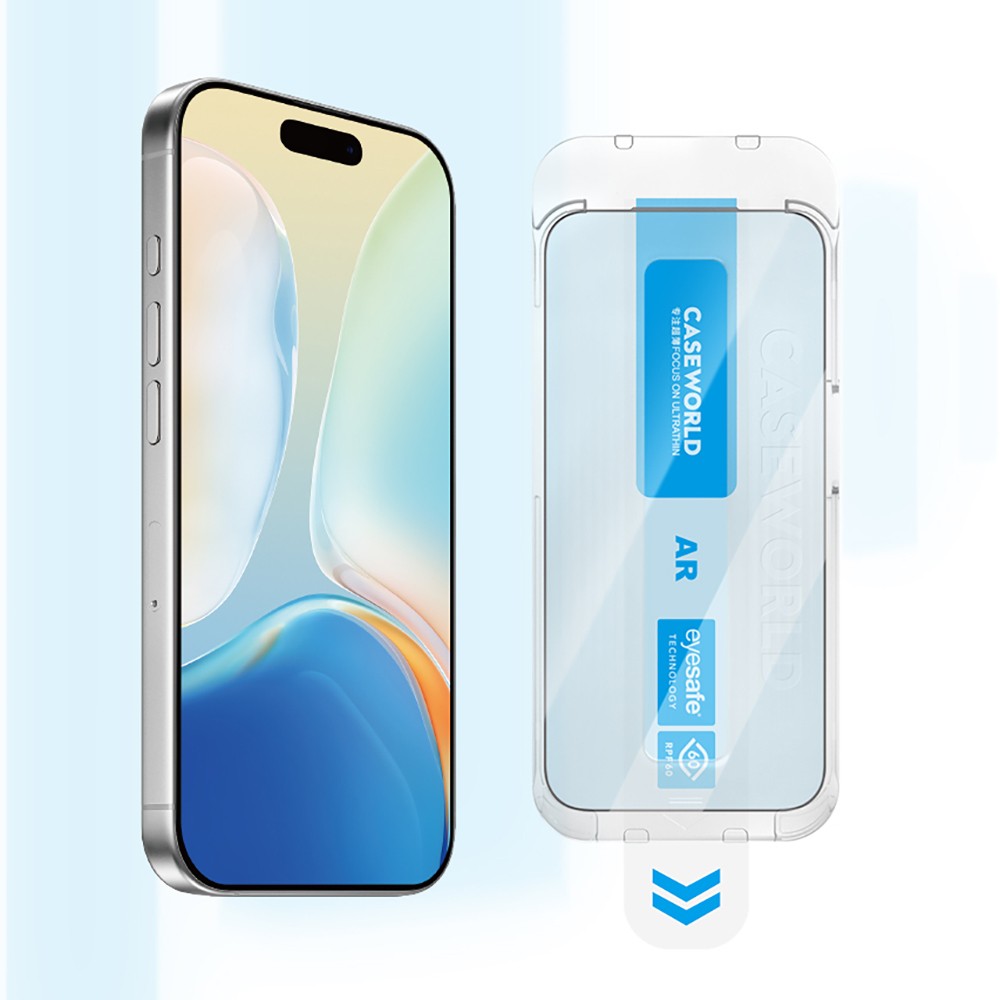 Apple iPhone 16 CaseWorld Applicator Serisi 2.5D Eyesafe Mavi Işık Teknolojili Safir 0.33mm Temperli Cam Ekran Koruyucu + Uygulama Aparatı