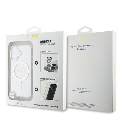Apple iPhone 16 Guess Orjinal Lisanslı 3'lü Aksesuar Seti IML Baskılı Simli Glitter Kılıf + Ekran Koruyucu + Lens Koruyucu Şeffaf