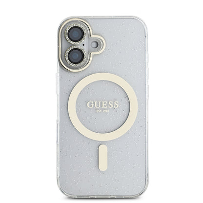 Apple iPhone 16 Guess Orjinal Lisanslı 3'lü Aksesuar Seti IML Baskılı Simli Glitter Kılıf + Ekran Koruyucu + Lens Koruyucu Şeffaf