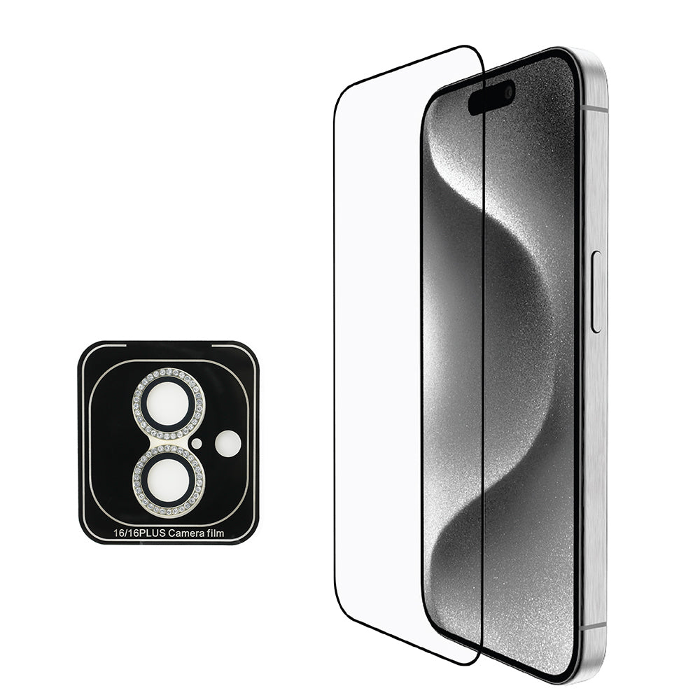 Apple iPhone 16 Guess Orjinal Lisanslı 3'lü Aksesuar Seti IML Baskılı Simli Glitter Kılıf + Ekran Koruyucu + Lens Koruyucu Şeffaf