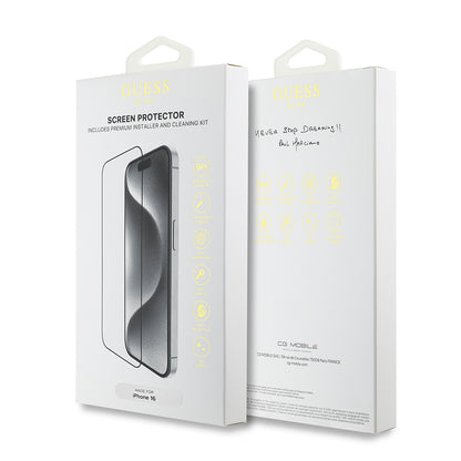 Apple iPhone 16 Guess Orjinal Lisanslı Temperli Cam Ekran Koruyucu Uygulama Aparatlı Outline Serisi Siyah