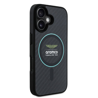 Apple iPhone 16 Kılıf Aston Martin Orjinal Lisanslı M-safe Şarj Özellikli Renkli Halka ve Karbon Fiber Tasarımlı Kapak Siyah-Yeşil