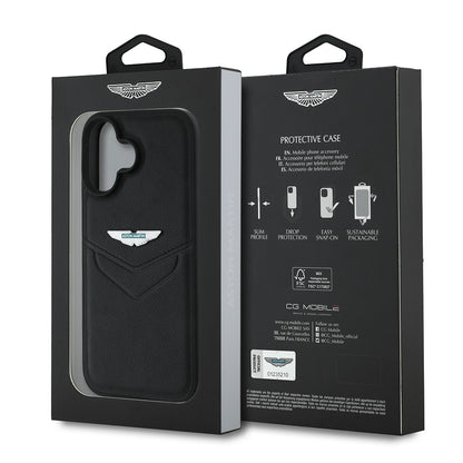 Apple iPhone 16 Kılıf Aston Martin Orjinal Lisanslı Victory Dizayn PU Deri Metal Logolu Kapak Siyah