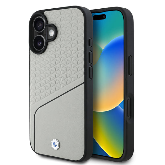 Apple iPhone 16 Kılıf BMW Orjinal Lisanslı M-safe Şarj Özellikli Metal Logolu Dokulu ve Çizgili Deri Kapak Gri
