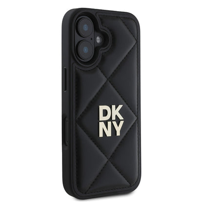 Apple iPhone 16 Kılıf DKNY Orjinal Lisanslı Kapitone Tasarımlı Metal Logolu Deri Kapak Siyah