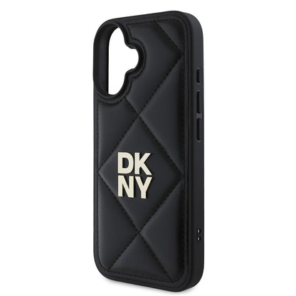 Apple iPhone 16 Kılıf DKNY Orjinal Lisanslı Kapitone Tasarımlı Metal Logolu Deri Kapak Siyah