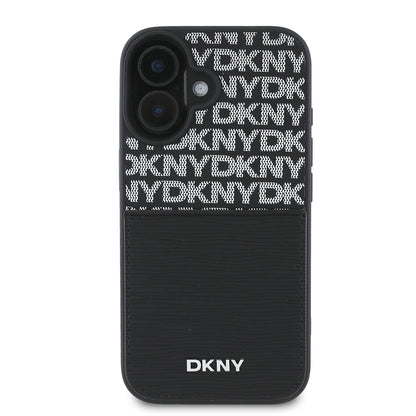 Apple iPhone 16 Kılıf DKNY Orjinal Lisanslı Kartlıklı 3D Yazılı Repeat Texture Pattern Kapak Siyah