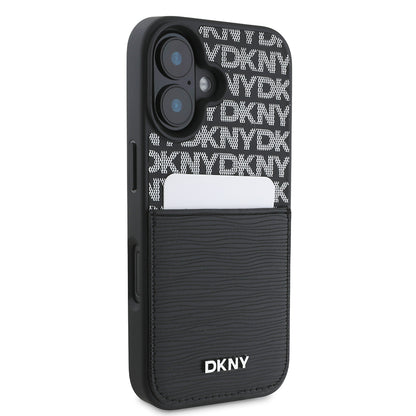 Apple iPhone 16 Kılıf DKNY Orjinal Lisanslı Kartlıklı 3D Yazılı Repeat Texture Pattern Kapak Siyah