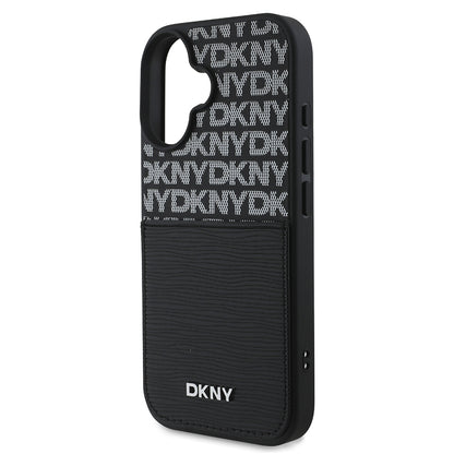 Apple iPhone 16 Kılıf DKNY Orjinal Lisanslı Kartlıklı 3D Yazılı Repeat Texture Pattern Kapak Siyah