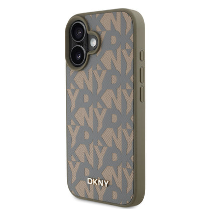 Apple iPhone 16 Kılıf DKNY Orjinal Lisanslı M-safe Şarj Özellikli 3D Yazılı Grid Pattern Kapak Kahverengi