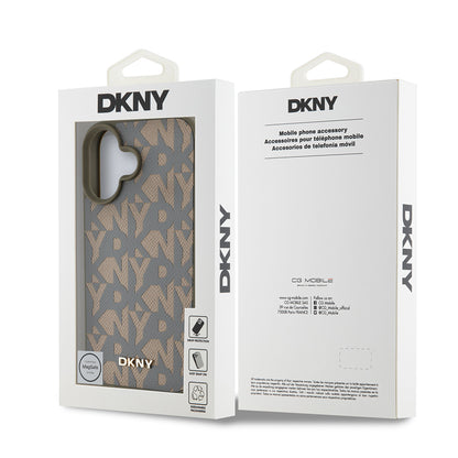 Apple iPhone 16 Kılıf DKNY Orjinal Lisanslı M-safe Şarj Özellikli 3D Yazılı Grid Pattern Kapak Kahverengi
