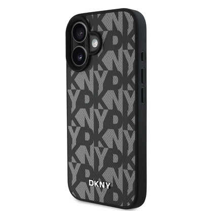 Apple iPhone 16 Kılıf DKNY Orjinal Lisanslı M-safe Şarj Özellikli 3D Yazılı Grid Pattern Kapak Kahverengi