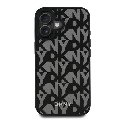 Apple iPhone 16 Kılıf DKNY Orjinal Lisanslı M-safe Şarj Özellikli 3D Yazılı Grid Pattern Kapak Gri