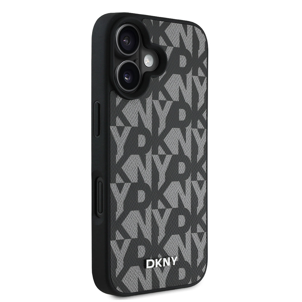 Apple iPhone 16 Kılıf DKNY Orjinal Lisanslı M-safe Şarj Özellikli 3D Yazılı Grid Pattern Kapak Kahverengi