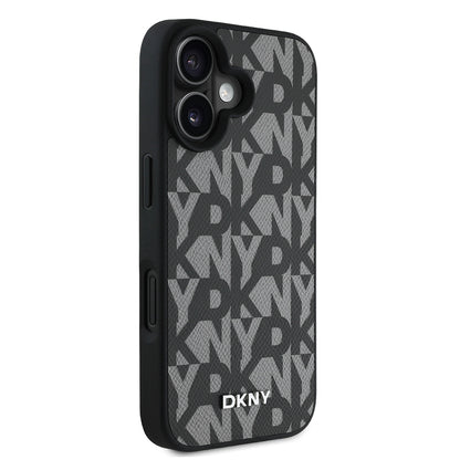 Apple iPhone 16 Kılıf DKNY Orjinal Lisanslı M-safe Şarj Özellikli 3D Yazılı Grid Pattern Kapak Kahverengi