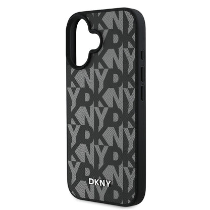 Apple iPhone 16 Kılıf DKNY Orjinal Lisanslı M-safe Şarj Özellikli 3D Yazılı Grid Pattern Kapak Kahverengi