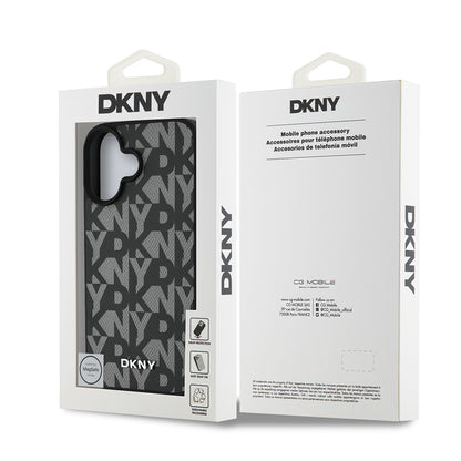 Apple iPhone 16 Kılıf DKNY Orjinal Lisanslı M-safe Şarj Özellikli 3D Yazılı Grid Pattern Kapak Kahverengi