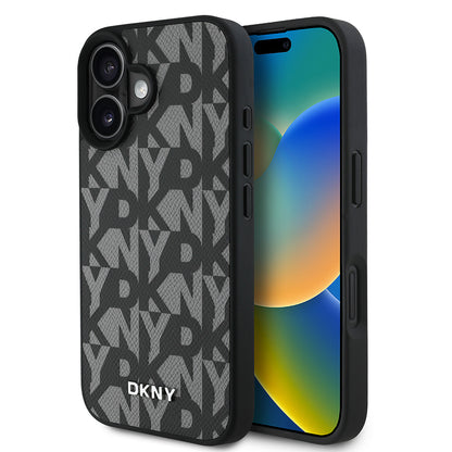 Apple iPhone 16 Kılıf DKNY Orjinal Lisanslı M-safe Şarj Özellikli 3D Yazılı Grid Pattern Kapak Gri