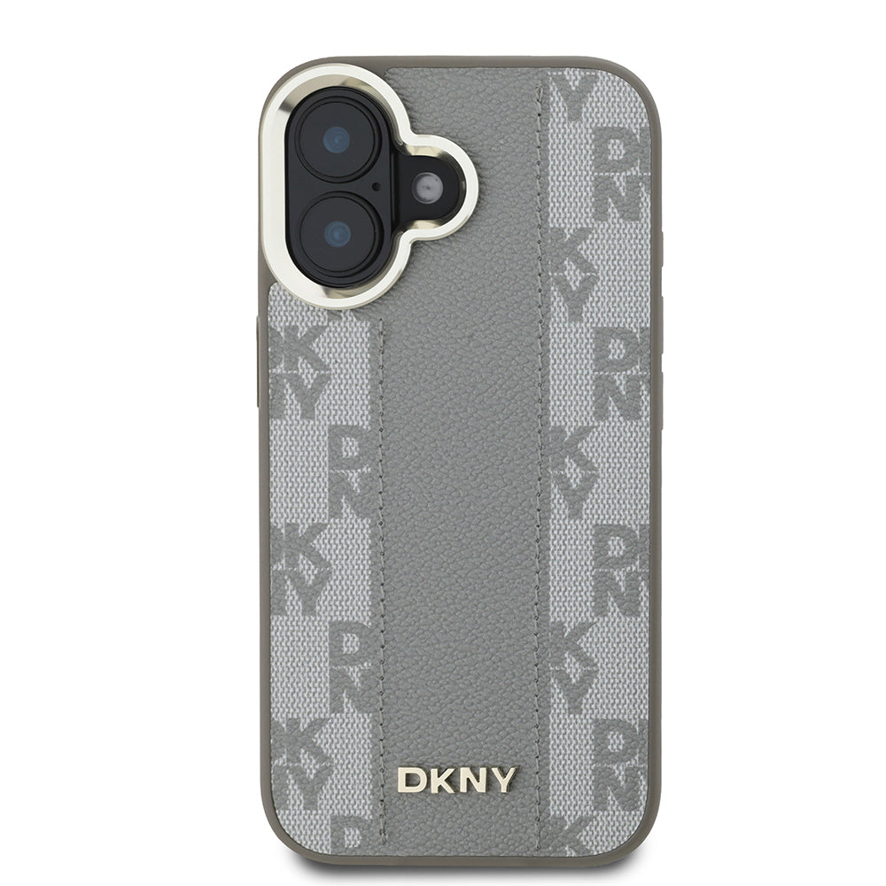Apple iPhone 16 Kılıf DKNY Orjinal Lisanslı M-safe Şarj Özellikli 3D Yazılı Checkered Pattern Kapak Bej