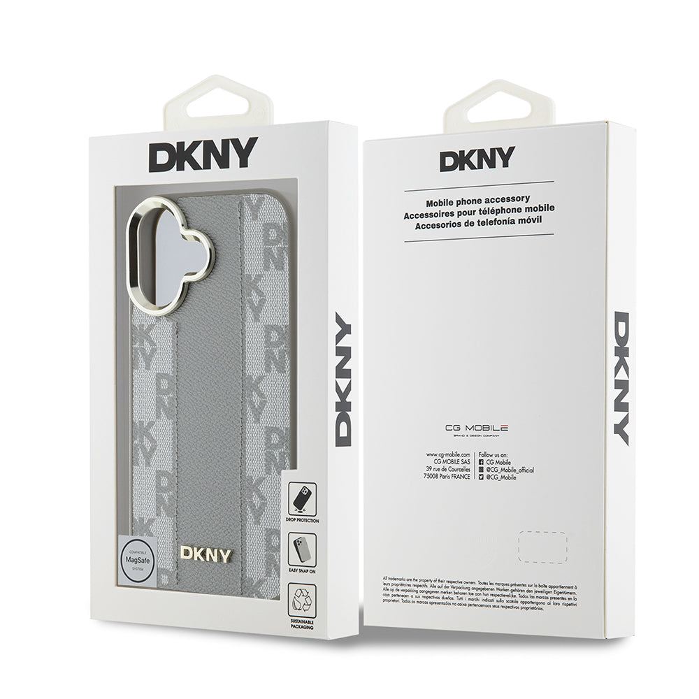 Apple iPhone 16 Kılıf DKNY Orjinal Lisanslı M-safe Şarj Özellikli 3D Yazılı Checkered Pattern Kapak Bej