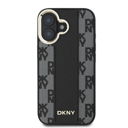 Apple iPhone 16 Kılıf DKNY Orjinal Lisanslı M-safe Şarj Özellikli 3D Yazılı Checkered Pattern Kapak Siyah