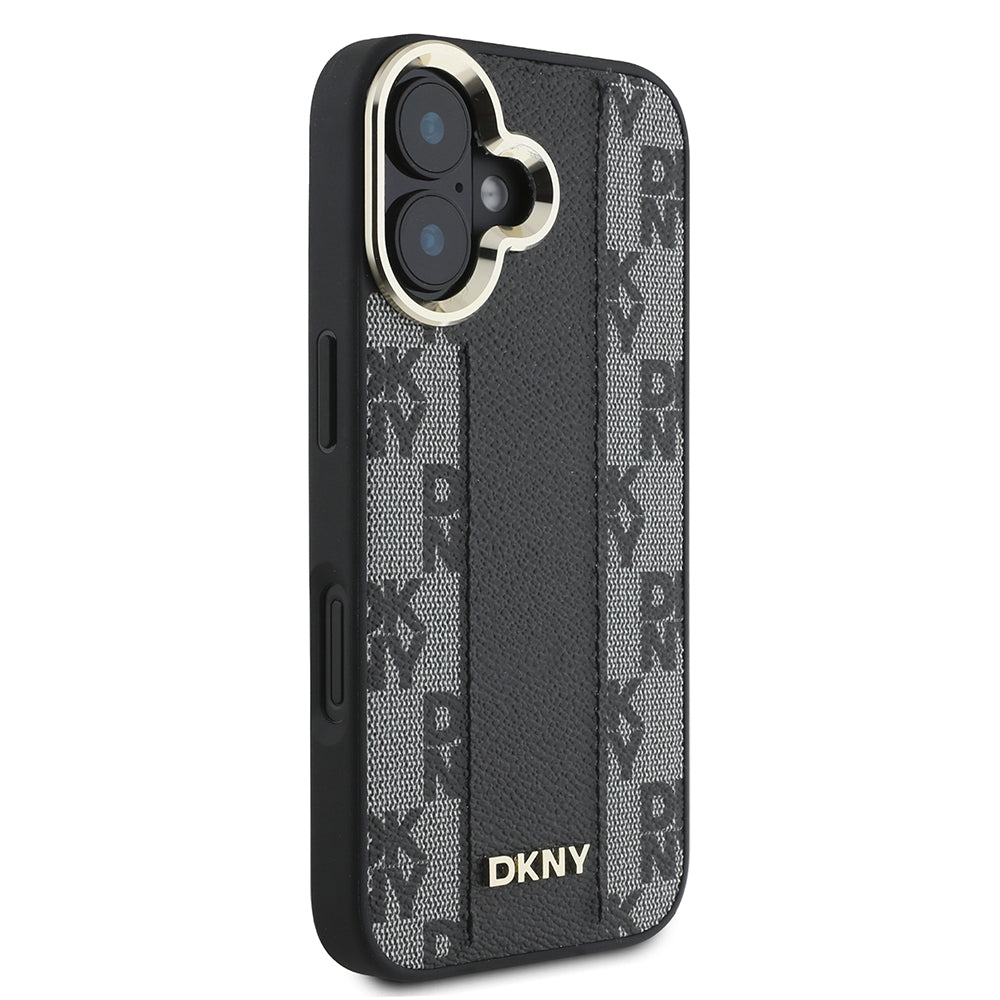 Apple iPhone 16 Kılıf DKNY Orjinal Lisanslı M-safe Şarj Özellikli 3D Yazılı Checkered Pattern Kapak Bej