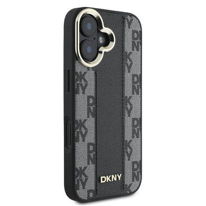 Apple iPhone 16 Kılıf DKNY Orjinal Lisanslı M-safe Şarj Özellikli 3D Yazılı Checkered Pattern Kapak Siyah