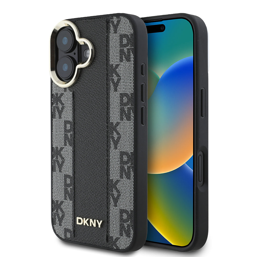 Apple iPhone 16 Kılıf DKNY Orjinal Lisanslı M-safe Şarj Özellikli 3D Yazılı Checkered Pattern Kapak Siyah