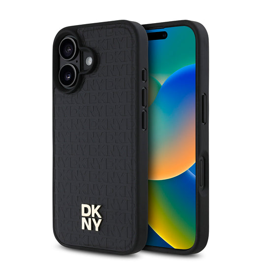 Apple iPhone 16 Kılıf DKNY Orjinal Lisanslı M-safe Şarj Özellikli 3D Yazılı Repeat Pattern Kapak Kahverengi
