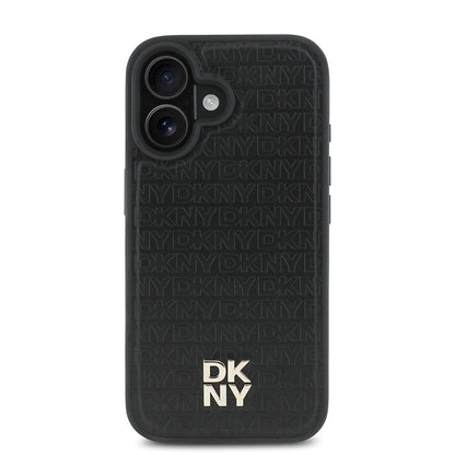 Apple iPhone 16 Kılıf DKNY Orjinal Lisanslı M-safe Şarj Özellikli 3D Yazılı Repeat Pattern Kapak Kahverengi