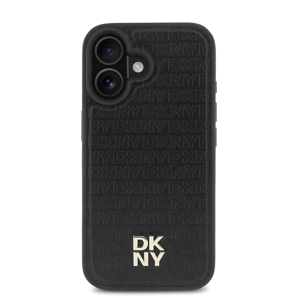 Apple iPhone 16 Kılıf DKNY Orjinal Lisanslı M-safe Şarj Özellikli 3D Yazılı Repeat Pattern Kapak Siyah
