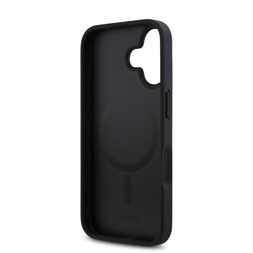 Apple iPhone 16 Kılıf DKNY Orjinal Lisanslı M-safe Şarj Özellikli 3D Yazılı Repeat Pattern Kapak Siyah