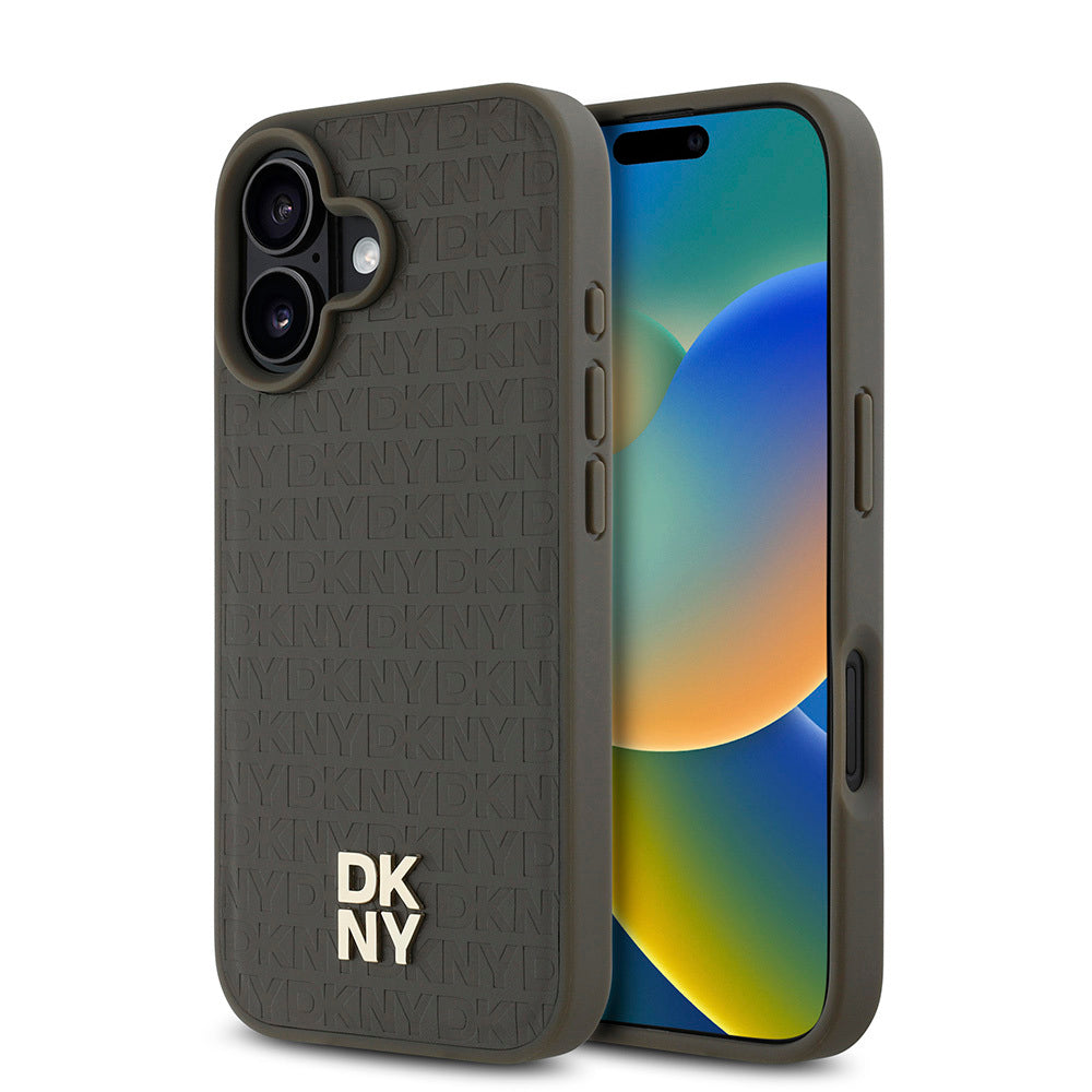 Apple iPhone 16 Kılıf DKNY Orjinal Lisanslı M-safe Şarj Özellikli 3D Yazılı Repeat Pattern Kapak Kahverengi