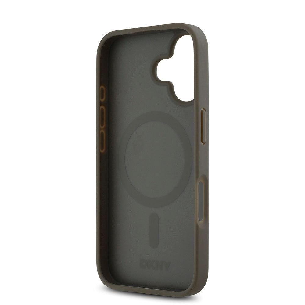 Apple iPhone 16 Kılıf DKNY Orjinal Lisanslı M-safe Şarj Özellikli 3D Yazılı Repeat Pattern Kapak Kahverengi