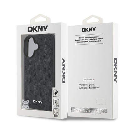 Apple iPhone 16 Kılıf DKNY Orjinal Lisanslı M-safe Şarj Özellikli Metal Logolu PU Deri Grained Kapak Siyah
