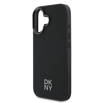 Apple iPhone 16 Kılıf DKNY Orjinal Lisanslı M-safe Şarj Özellikli Metal Logolu PU Deri Plain Kapak Siyah