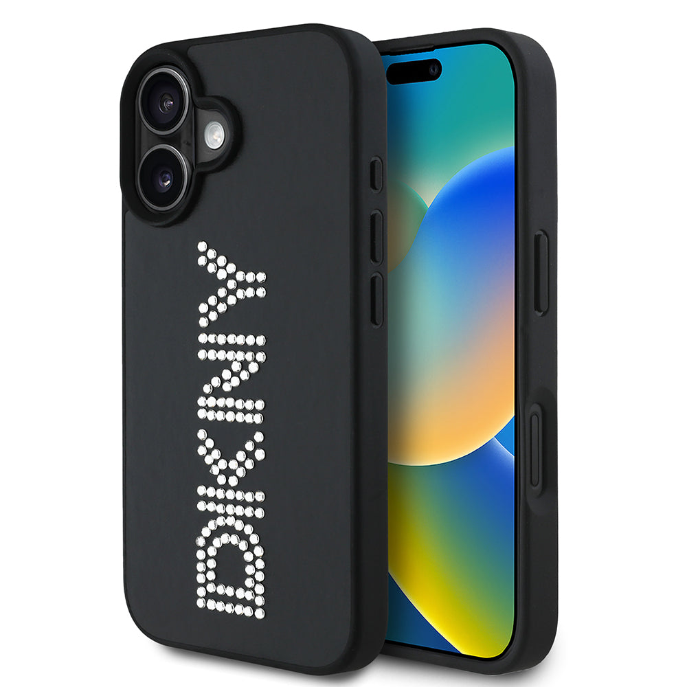 Apple iPhone 16 Kılıf DKNY Orjinal Lisanslı Taşlı DKNY Yazılı Metalik Rhinestones PU Deri Kapak Kahverengi